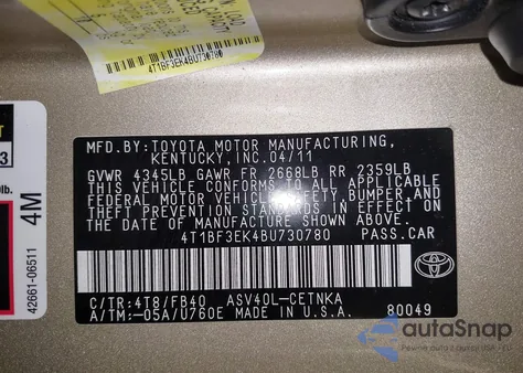 2011 Toyota Camry Se/Le/Xle из США, поврежденный, VIN 4T1BF3EK4BU730780